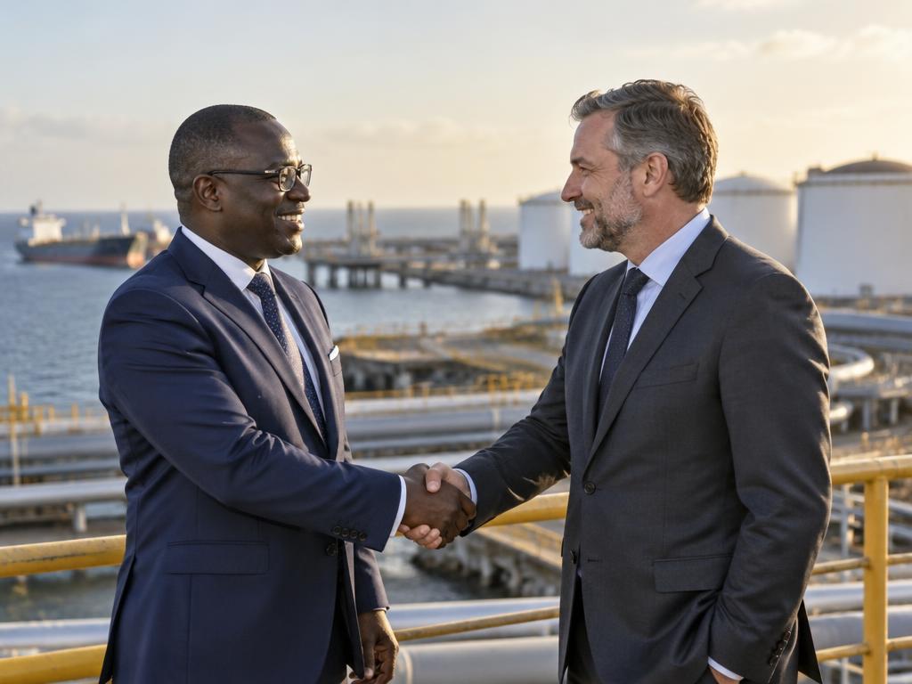 Two energy-sector executives shaking hands in front of a coastal storage terminal