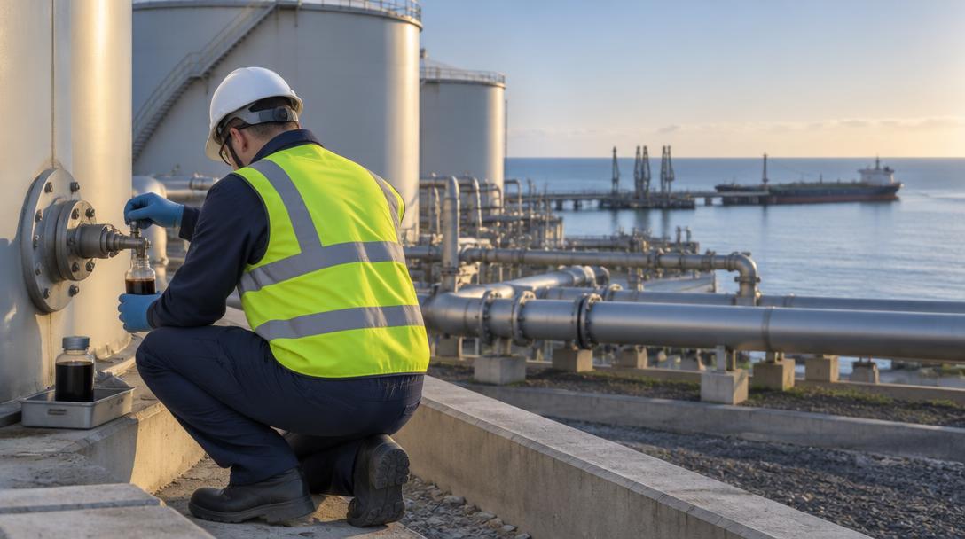 An independent surveyor in a hard hat and hi-vis vest collects a crude oil sample at a coastal tank farm