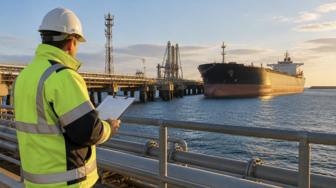 A terminal operations officer in safety gear reviews a clipboard while a crude oil tanker is moored at a deep-water berth