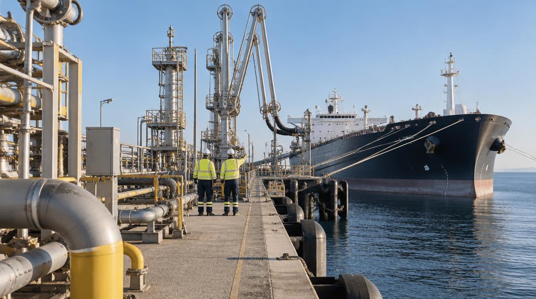 Marine loading arms and pipework on a jetty alongside a crude oil tanker at a deep-water terminal