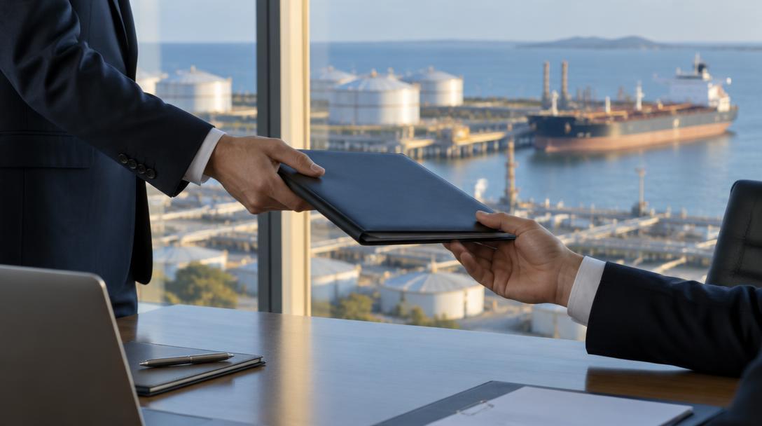 Two business professionals exchange a document folder across a desk, with a storage tank farm and tanker visible through the window