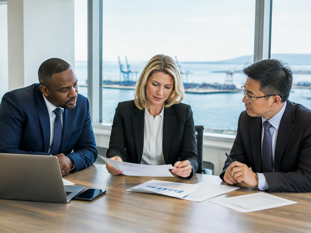 Illustrative executives reviewing documents in a port-view boardroom