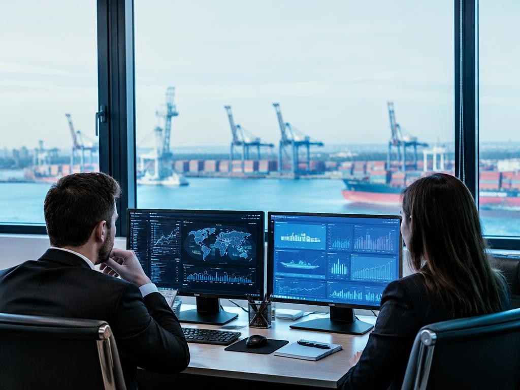 Illustrative trading team reviewing shipping data overlooking a port