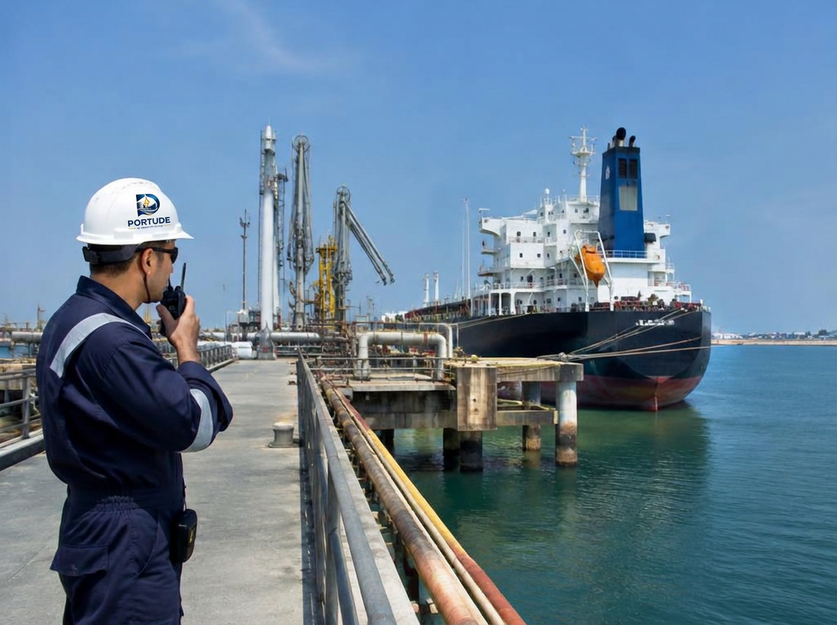 Illustrative terminal officer on a jetty beside a berthed tanker