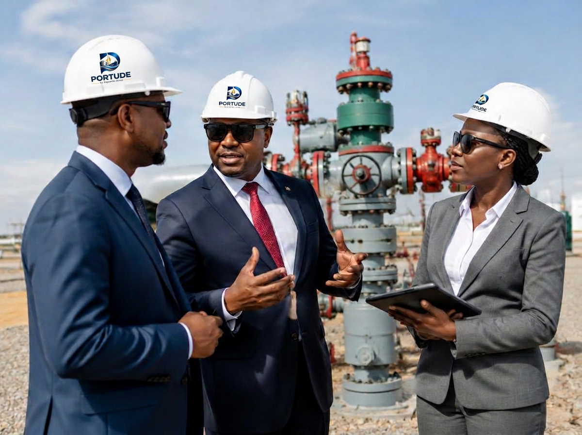 Illustrative energy executives meeting at an onshore production site