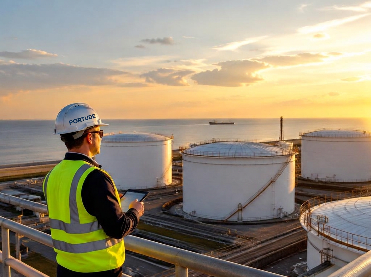 Illustrative engineer inspecting crude storage tanks at sunset